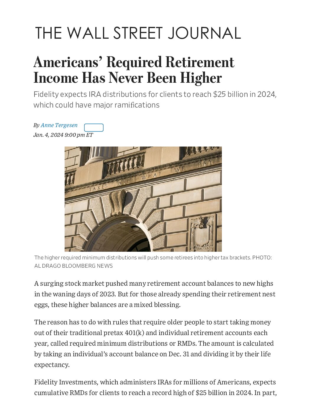 Wall Street Journal – Americans’ Required Retirement Income Has Never Been Higher